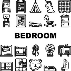 bedroom room kid interior icons set vector