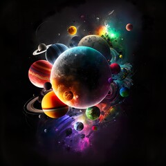 Galaxie mit farbenfrohen Planeten - obrazy, fototapety, plakaty
