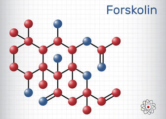 Forskolin, coleonol molecule. It is anti-HIV agent, labdane diterpene, is found in the Indian Coleus plant. Structural chemical formula, molecule model. Sheet of paper in a cage.