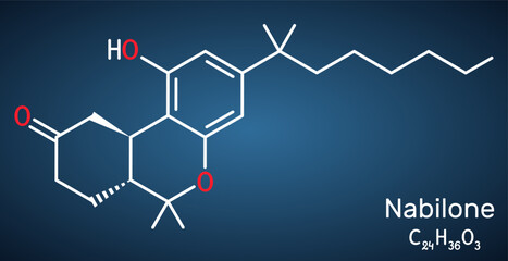 Nabilone molecule. It is synthetic cannabinoid, used as antiemetic drug. Structural chemical formula on the dark blue background