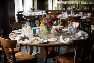 Festive event table for wedding, corporate event, wedding birthday. Luxury decoration with candles and flowers. 