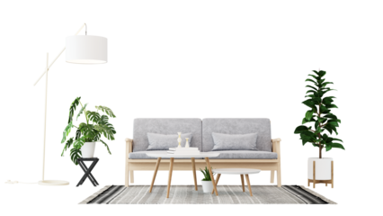 Interior furniture set 3D render. Living room house floor template background mockup design , isolated on transparent background