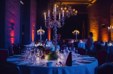 Festive event table for wedding, corporate event, wedding birthday. Luxury decoration with candles and flowers. 