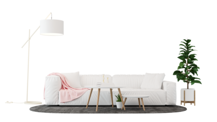 Interior furniture set 3D render. Living room house floor template background mockup design , isolated on transparent background