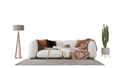 Interior furniture set 3D render. Living room house floor template background mockup design , isolated on transparent background