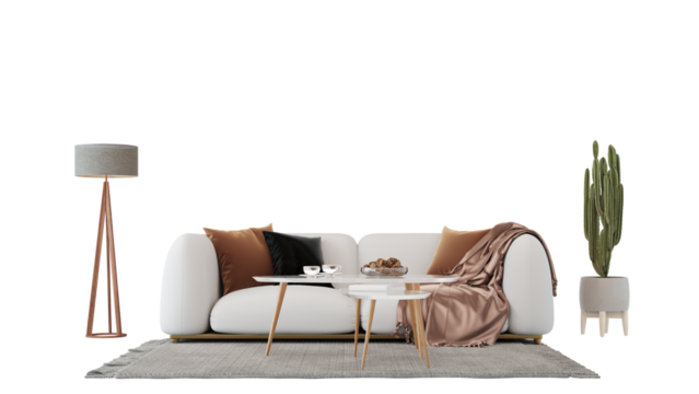 Interior furniture set 3D render. Living room house floor template background mockup design , isolated on transparent background