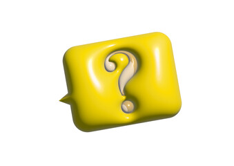3DCGの黄色いクエスチョンマークのふきだしと、白い背景のイメージイラスト。A 3DCG yellow question mark speech bubble and an image illustration on a white background.