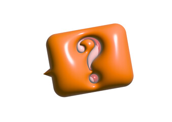 3DCGのオレンジのクエスチョンマークのふきだしと、白い背景のイメージイラスト。A 3DCG orange question mark balloon and an image illustration on a white background.