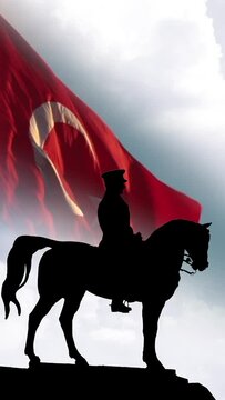 Waving Turkish Flag and monument of Ataturk vertical video. 30th august victory day or 30 agustos zafer bayrami concept video.