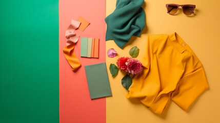 colorful. flat lay on background. top view of clothing