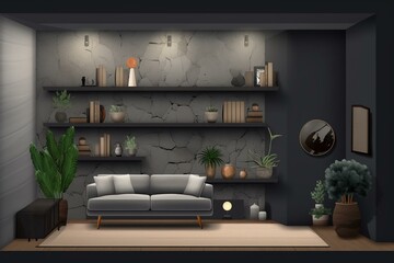 Interior room with a grey stone wall, bookcase, sofa, and plant vase. Also includes carpet, middle table, and home décor. Generative AI