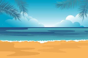 Fototapeta na wymiar Beautiful beach scene against a backdrop of blue sky and coconut leaves