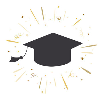 Graduate student hat doodle icon with golden confetti and doodle shiny rays. Vector isolated illustration. Greeting card for graduation party
