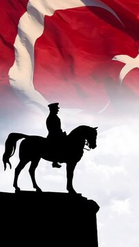 Waving Turkish Flag and Ataturk monument vertical video. 29 ekim cumhuriyet bayrami or 29th october republic day of Turkiye.
