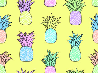 Pineapples with stroke seamless pattern. Summer tropical fruit pineapple with leaves on yellow background. Tropical design for T-shirts, prints on paper and fabric. Vector illustration