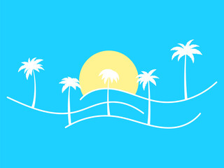 Fototapeta na wymiar Line landscape outline with palm trees and rising sun on a blue background. Summer tropical landscape in a minimalist style. Design for printing t-shirt and banner. Vector illustration