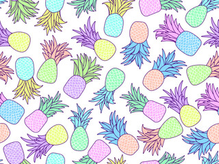 Pineapples with stroke seamless pattern. Summer tropical fruit pineapple with leaves on white background. Tropical design for T-shirts, prints on paper and fabric. Vector illustration