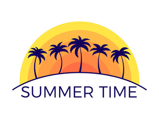 Fototapeta na wymiar Summer time banner with palm trees at sunset isolated on white background. Summer tropical sunset with sun palm trees in 90s style. Design for printing t-shirt and banner. Vector illustration