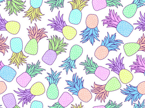Pineapples with stroke seamless pattern. Summer tropical fruit pineapple with leaves on white background. Tropical design for T-shirts, prints on paper and fabric. Vector illustration