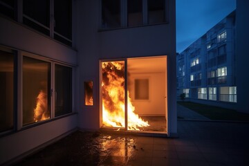 House is on fire, flames out windows, smoke. Generative Ai