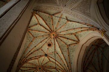the ceiling in the room has intricate designs and woodwork