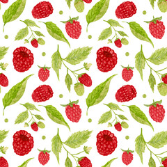 Watercolor seamless pattern, raspberries, leaves and dots on white background. Pattern fabric, various food products etc