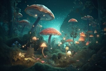 Fototapeta na wymiar Fantasy enchanted fairy tale forest with magical Mushrooms, fairytale butterflies and huge moon. Magic light. digital art. Generative AI