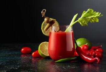 Bloody Mary cocktail garnished with gherkin, olive, lime, and celery.