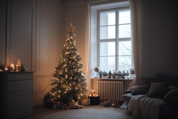 Stylish Christmas Tree With Vintage Baubles And Golden Lights In Scandinavian Room. Christmas Eve. Generative AI