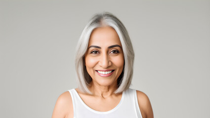 Portrait of senior Indian woman in white top on grey empty isolated background. Generative AI.