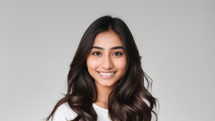 Young Indian girl portrait on grey isolated background. Looking at camera. Generative AI