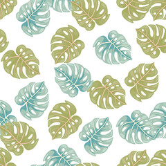 Decorative tropical leaf seamless pattern. Stylized exotic leaves background. Modern jungle plants endless wallpaper.