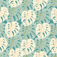 Decorative tropical leaf seamless pattern. Stylized exotic leaves background. Modern jungle plants endless wallpaper.