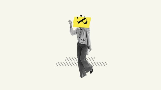 Stop motion, animation. Creative design. Cheerful mood. Woman with positive network symbol. Happiness. Concept of symbolism, modern technologies, emotions, imagination and inspiration