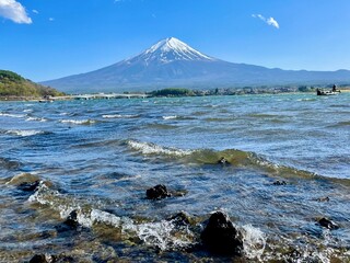 Kawaguchiko Lake with beautiful Mount Fuji  during spring.