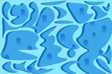 Fototapeta na wymiar Abstract Water Background with silhouette of jellyfish. Water surface. Vector illustration. Freshness backdrop. World Ocean's Day horizontal banner. Geometrical Background. 