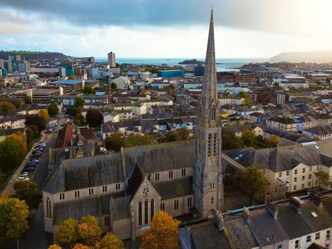 Drone view of St Mary and St Boniface's Cathedral in Plymouth, England