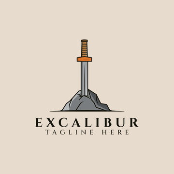 excalibur sword in the stone vintage logo, icon and symbol, vector illustration design