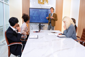 Employee on job corporate Business colleagues around the table look presentation from large screen