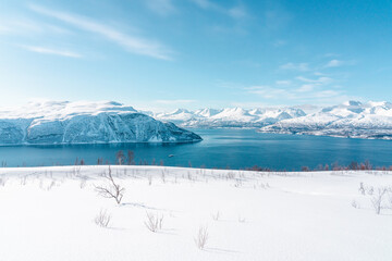 The view on the fjord in winter Lyngen Alps, Norway 