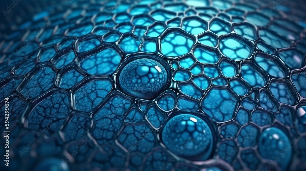 Poster oil bubbles with fine structures floating on blue water. generative ai