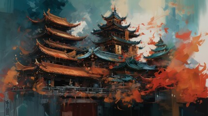 A view of the Japanese temple illustrations. Generative ai