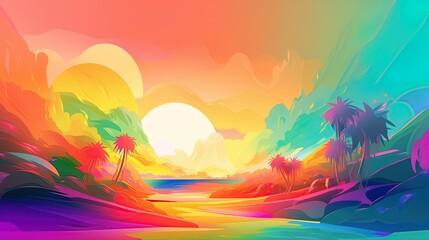 Fototapeta na wymiar Beautiful tropical beach at exotic island surrounded by the ocean. Colorful, abstract digital painting. Generative A