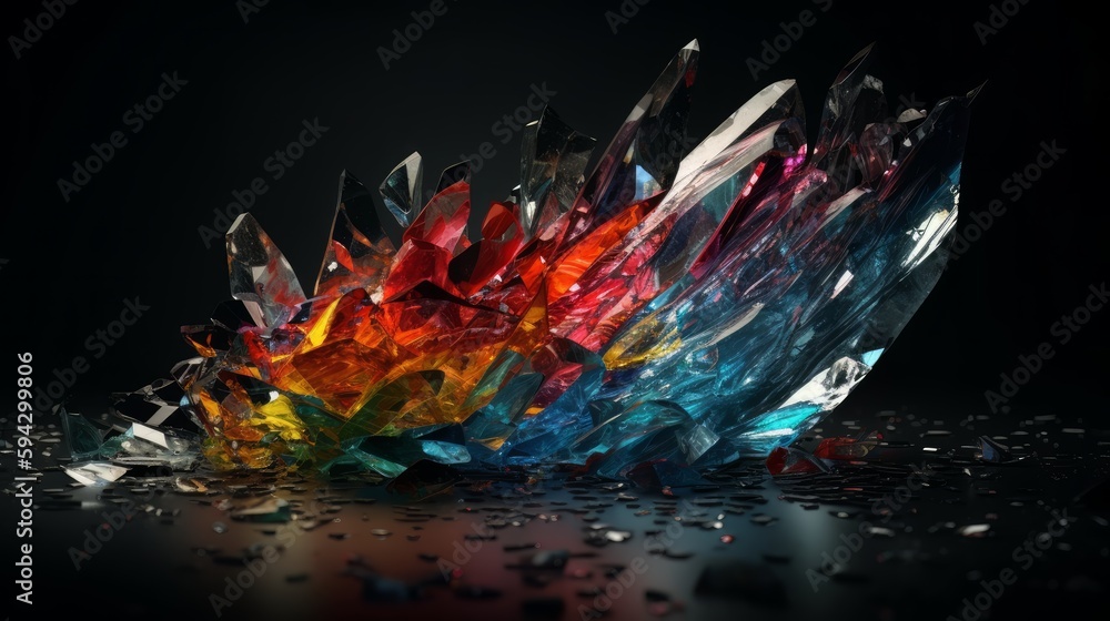 Poster abstract colorful broken glass o black background. generative ai