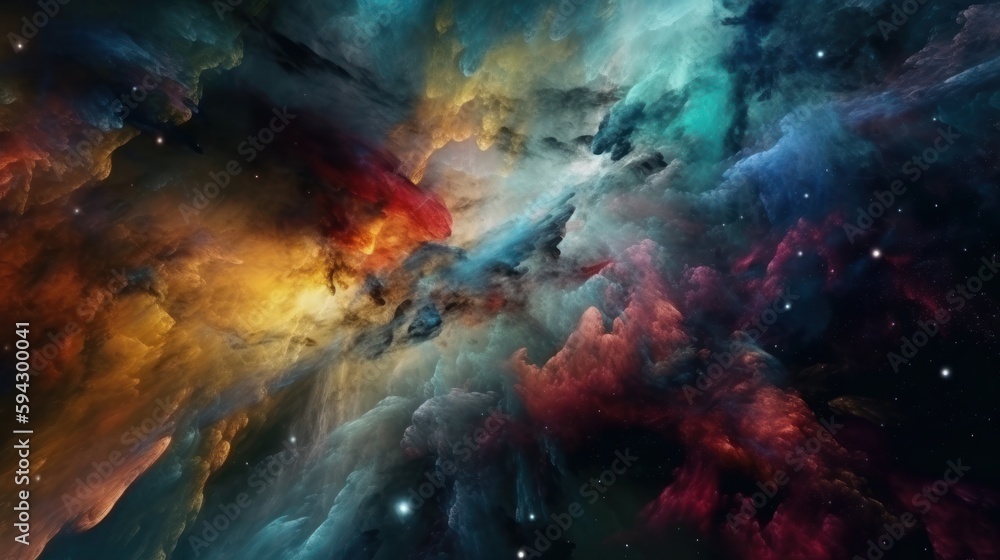 Poster dramatic space view moving through universe galaxies stars and nebulae. generative ai