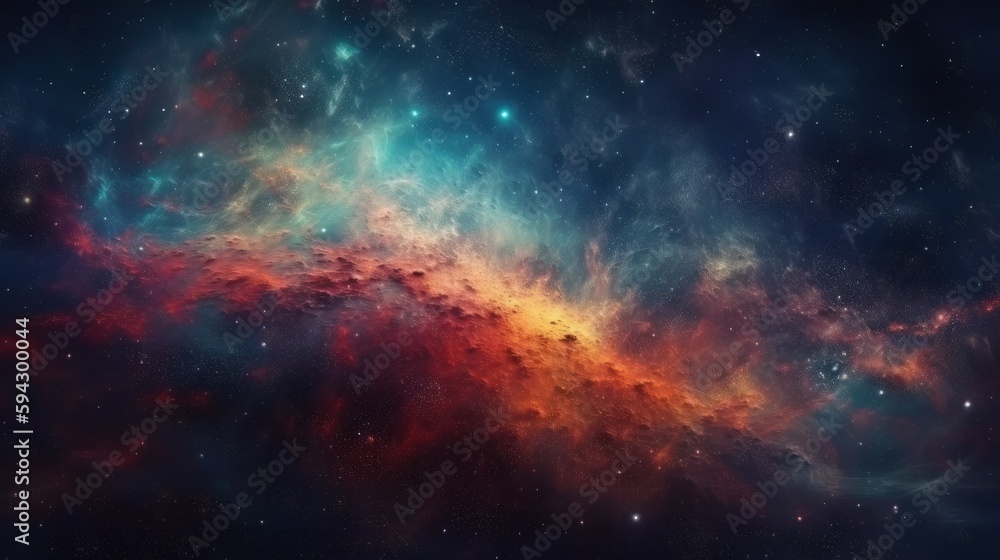 Poster dramatic space view moving through universe galaxies stars and nebulae. generative ai