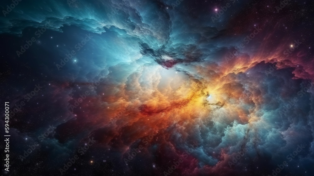 Poster dramatic space view moving through universe galaxies stars and nebulae. generative ai