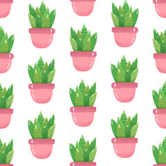 Seamless pattern with cartoon potted houseplant - cute green cactus with spikes in a pink pot on white background.