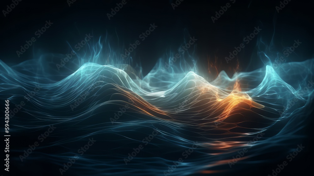 Poster Abstract wave background with many glowing particles. Musical wave. Digital network background. Generative ai