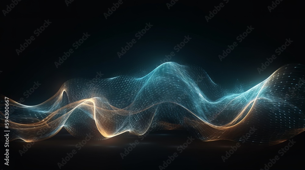Poster Abstract wave background with many glowing particles. Musical wave. Digital network background. Generative ai
